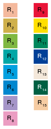 © energie-environnement.ch, plateforme des services cantonaux de l’énergie et de l’environnement (Suisse)Seules les couleurs R1 à R8 sont prises en compte pour le calcul de l'IRC. Cet espace chromatique est limité et ne contient pas de couleurs saturées.